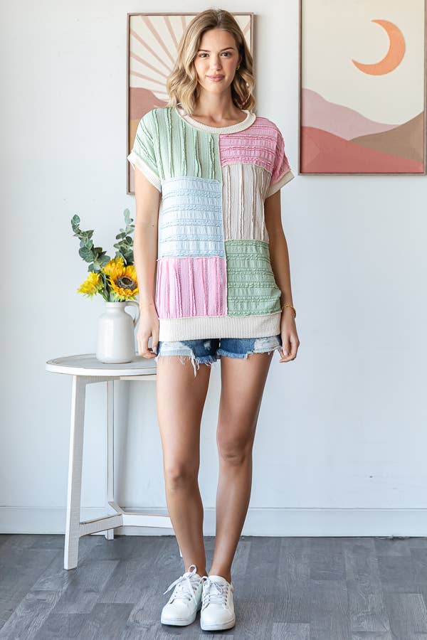 Color Block Textured Patchwork Short Sleeve Top T5944