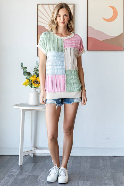 Color Block Textured Patchwork Short Sleeve Top T5944