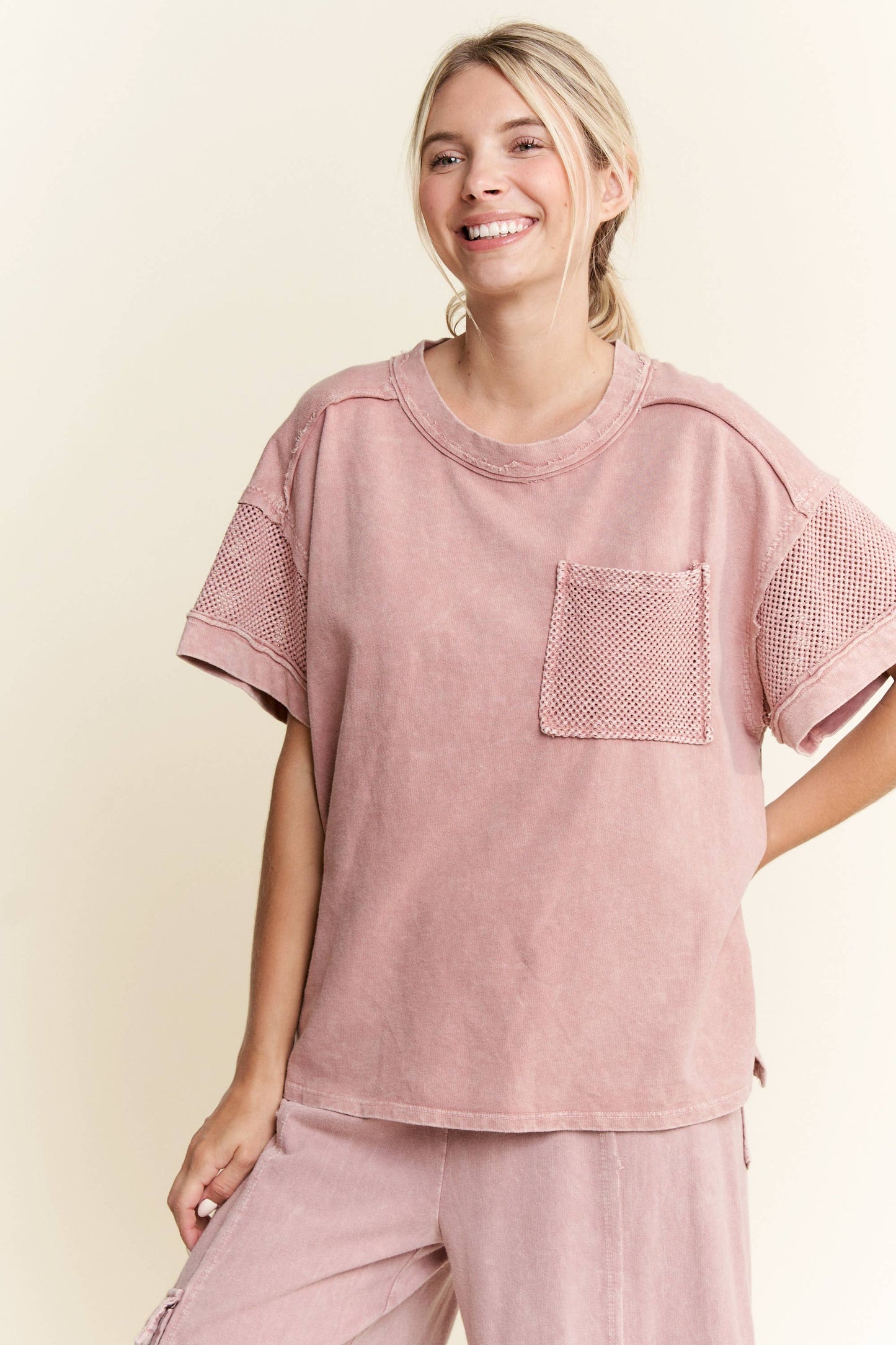 Mineral Wash Mesh Pocket Sleeve top HT5649