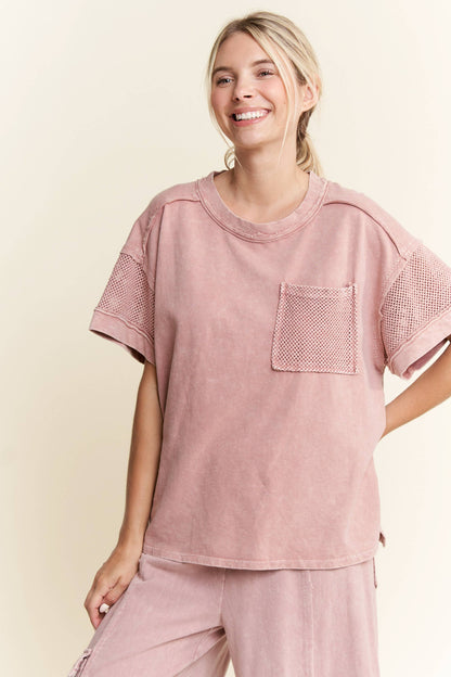 Mineral Wash Mesh Pocket Sleeve top HT5649