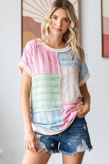 Color Block Textured Patchwork Short Sleeve Top T5944