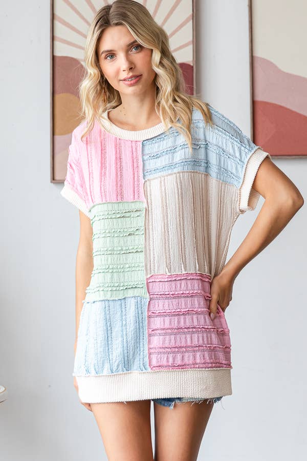 Color Block Textured Patchwork Short Sleeve Top T5944