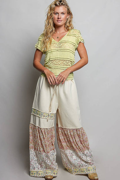 Feminine Lace V Neck Short Sleeve Top Trim Raw Edge