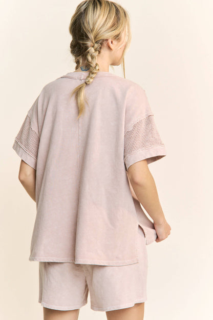 Mineral Wash Mesh Pocket Sleeve top HT5649