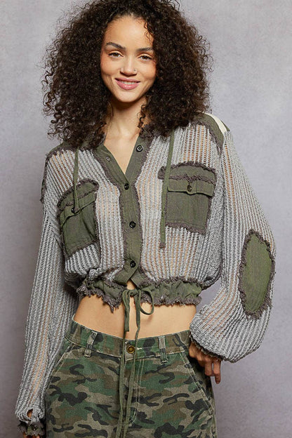 Open Knit Button Down Pocket Front Hooded Shirt Top