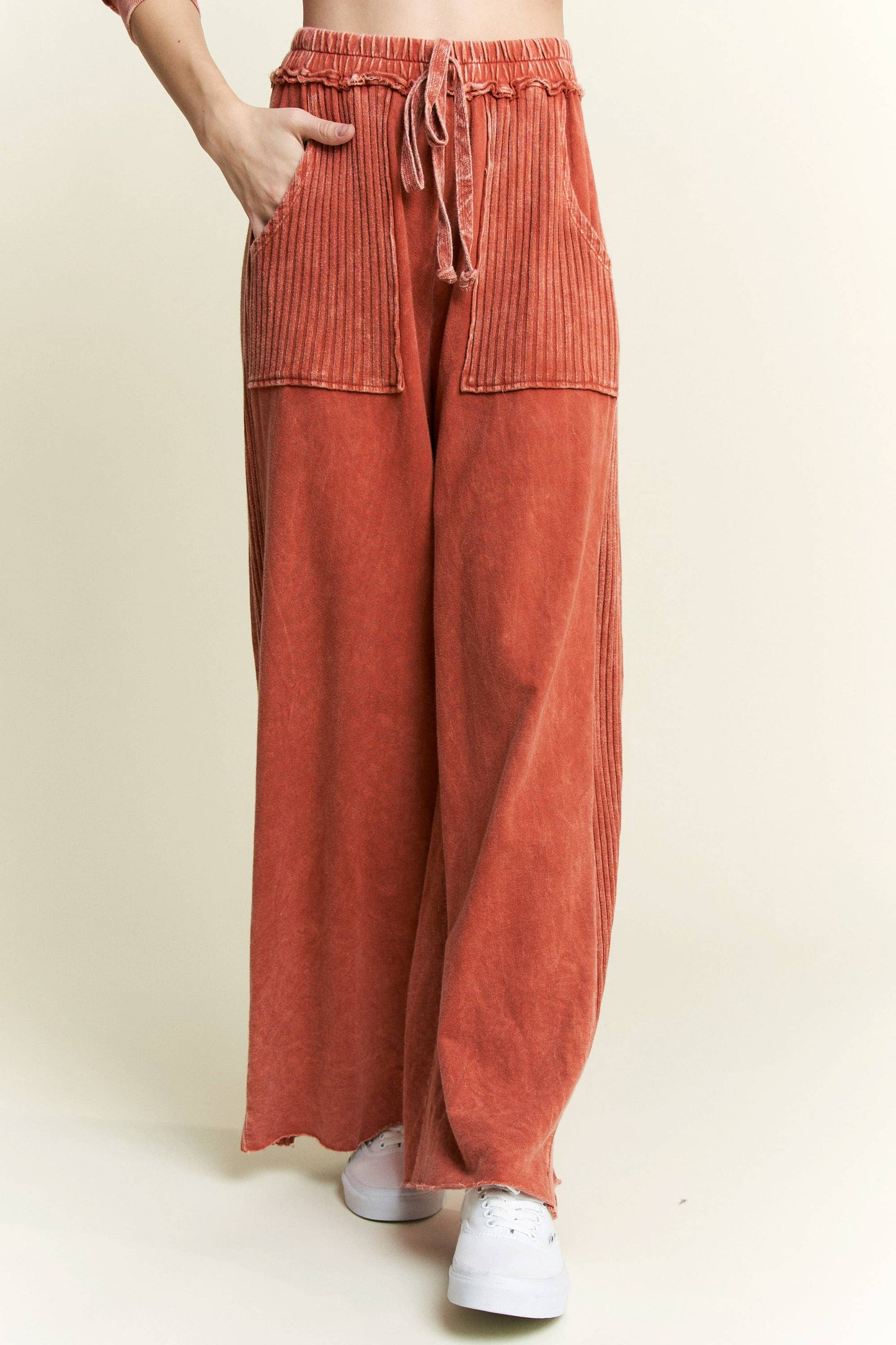 Best Mineral Wash Side Knit detail wide leg pants HE5878P