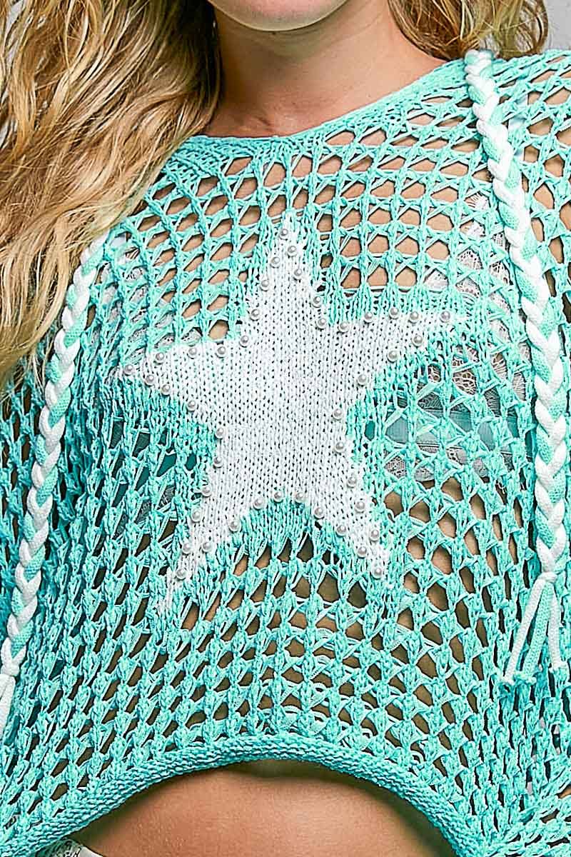 V-neck Acrylic Star Patch Pearl Stud Hoodie Thin Sweater Top