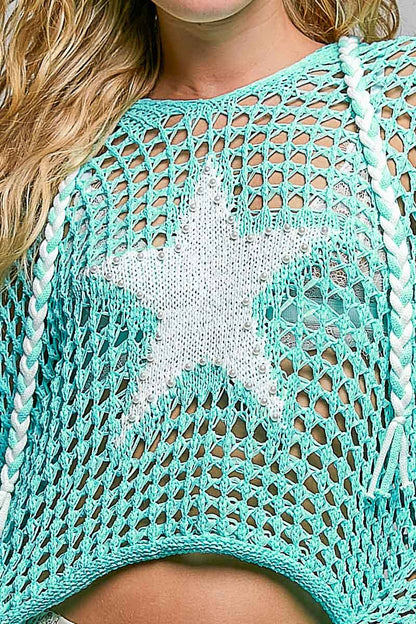 V-neck Acrylic Star Patch Pearl Stud Hoodie Thin Sweater Top