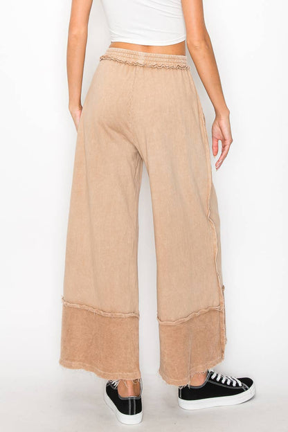 Mineral Wash Wide Pants with raw hem frayed details HP5536