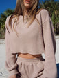 Tan / M Waffle long sleeve crop top wide leg pant 2 piece set: