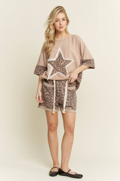 Mineral Washed Leopard Star Half sleeve top HT6628
