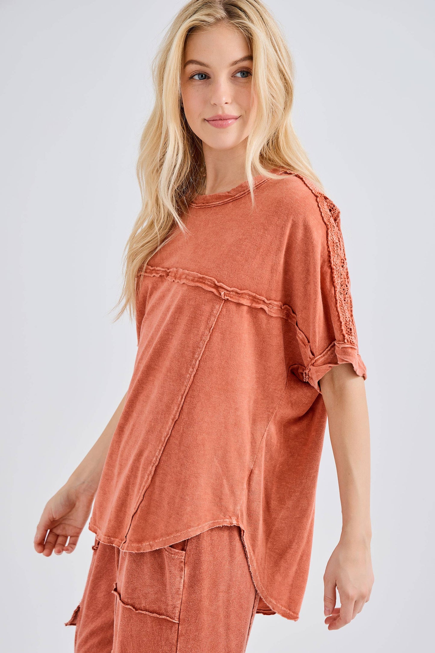 Mineral Washed Relaxed Fit Tee with Crochet Detail HT6312 Shirt