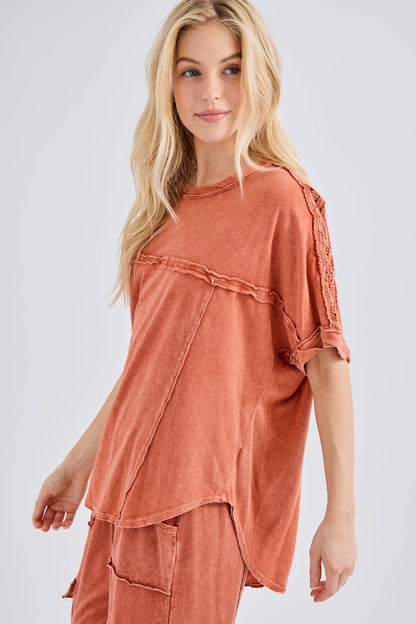Mineral Washed Relaxed Fit Tee with Crochet Detail HT6312 Shirt
