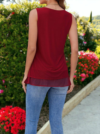 Two Layer Mesh Sleeveless Chiffon Scoop Neck Tank Top