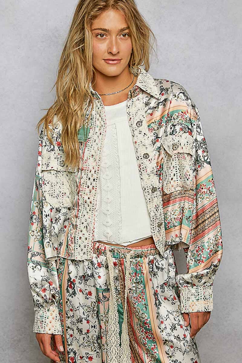 Crochet lace patch floral jacket top
