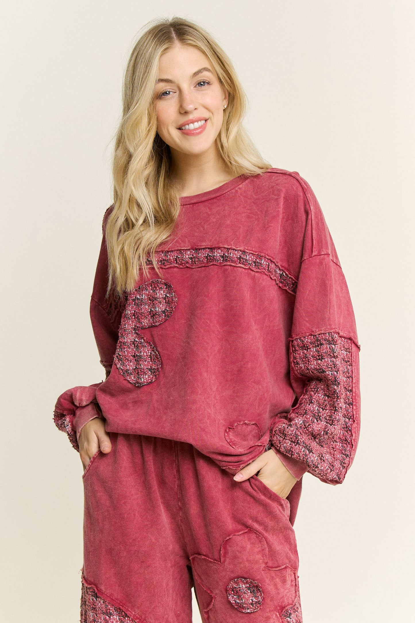 Mineral Washed Tweed Daisy patch Long sleeve top HT6761