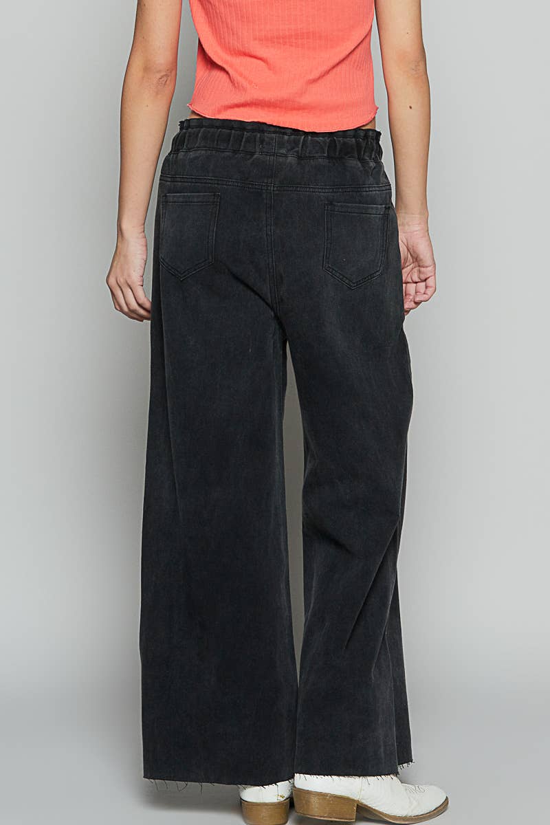 Wide leg drawstring elastic waist distressed denim pants
