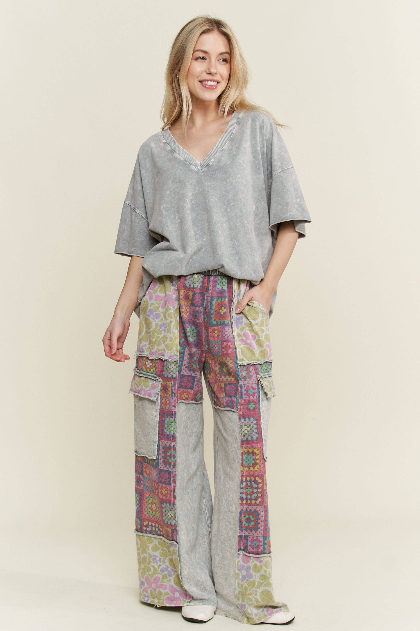 Mineral Wash Crochet Floral Printed Pants HP5758