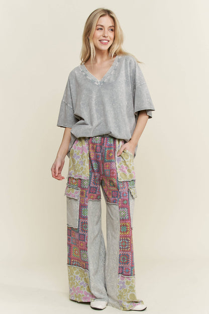 Mineral Wash Crochet Floral Printed Pants HP5758