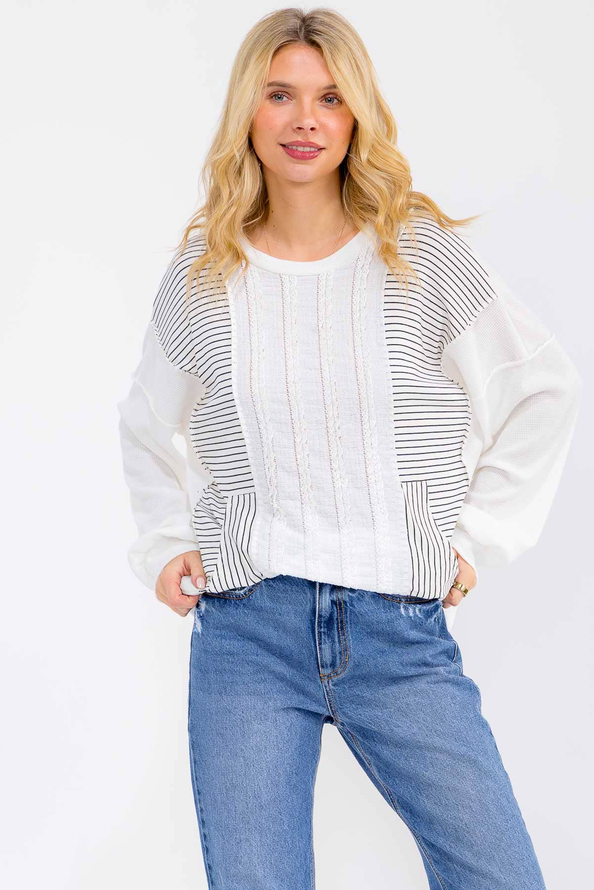 Textured Stripe Contrast Knit Top T6203