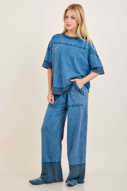 Mineral Washed Contrast Block Terry Top HT7540