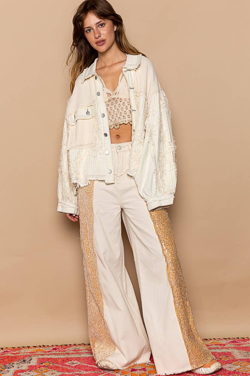 Collared button down frayed textures chest pocket jacket: M / CREAM