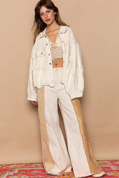 Collared button down frayed textures chest pocket jacket: S / CREAM