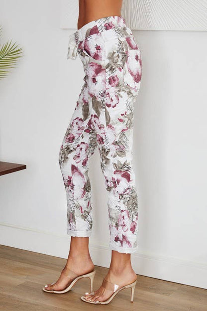 Cursive Lettering Floral Print Crinkle Joggers