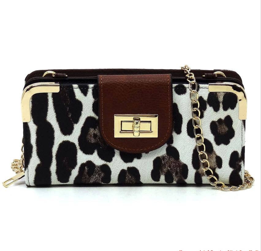 AD041 Turn Lock Crossbody Wallet: Snow Leopard