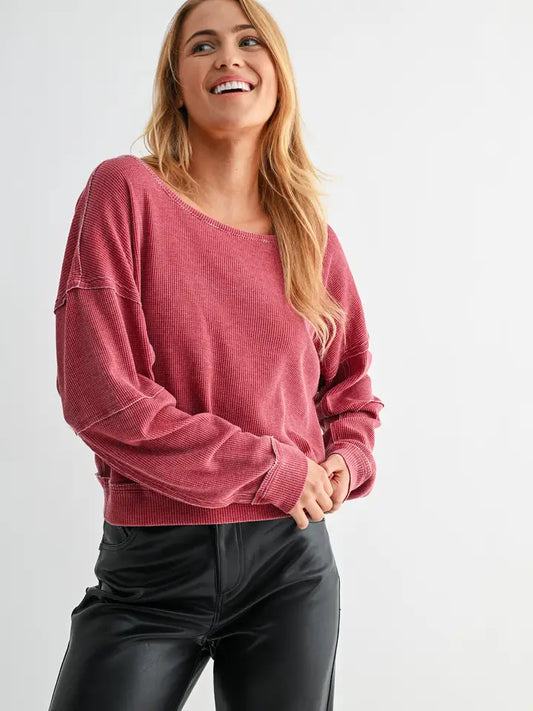 Mineral Wash Waffle Knit Boat Neck Top – Mono B (KT5699)