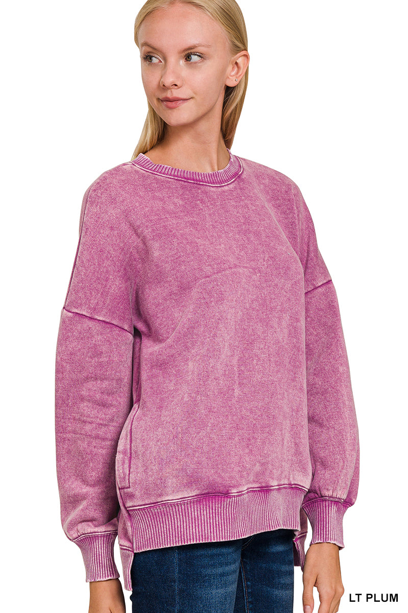 Acid Wash Fleece Hi-Low Hem Pullover with Pockets Zenana