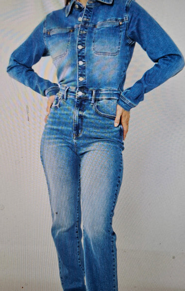 Judy Blue High Waist Denim Long Sleeve Slim Straight Jumpsuit