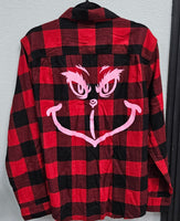 Red and Black Flannel shirt with Grinch face on back