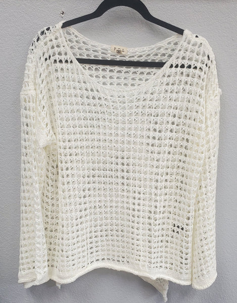 Crochet mesh knit boat neck top with bell sleeve POL