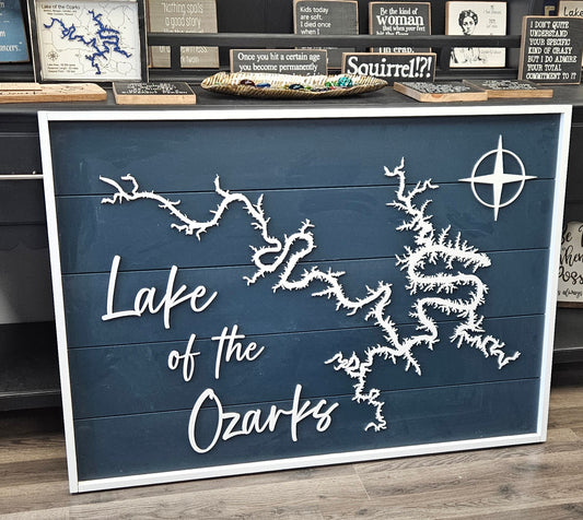 Framed 35x49 Lake of the Ozarks Lake Map on Plank