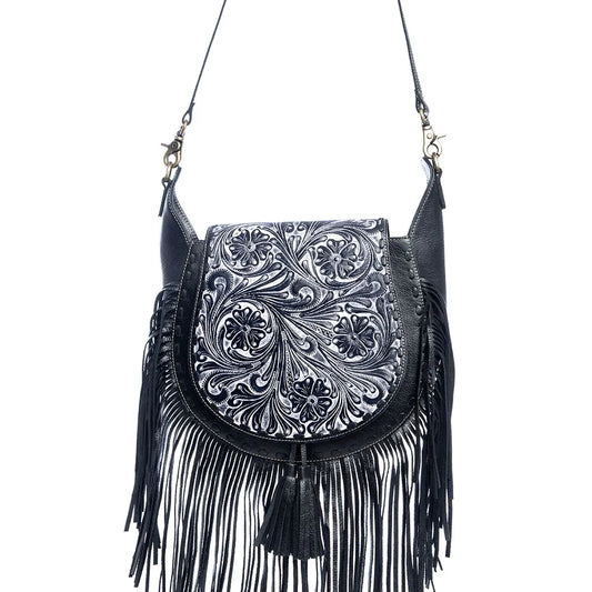 Moonwood Hand-Tooled Bag in Coal Myra