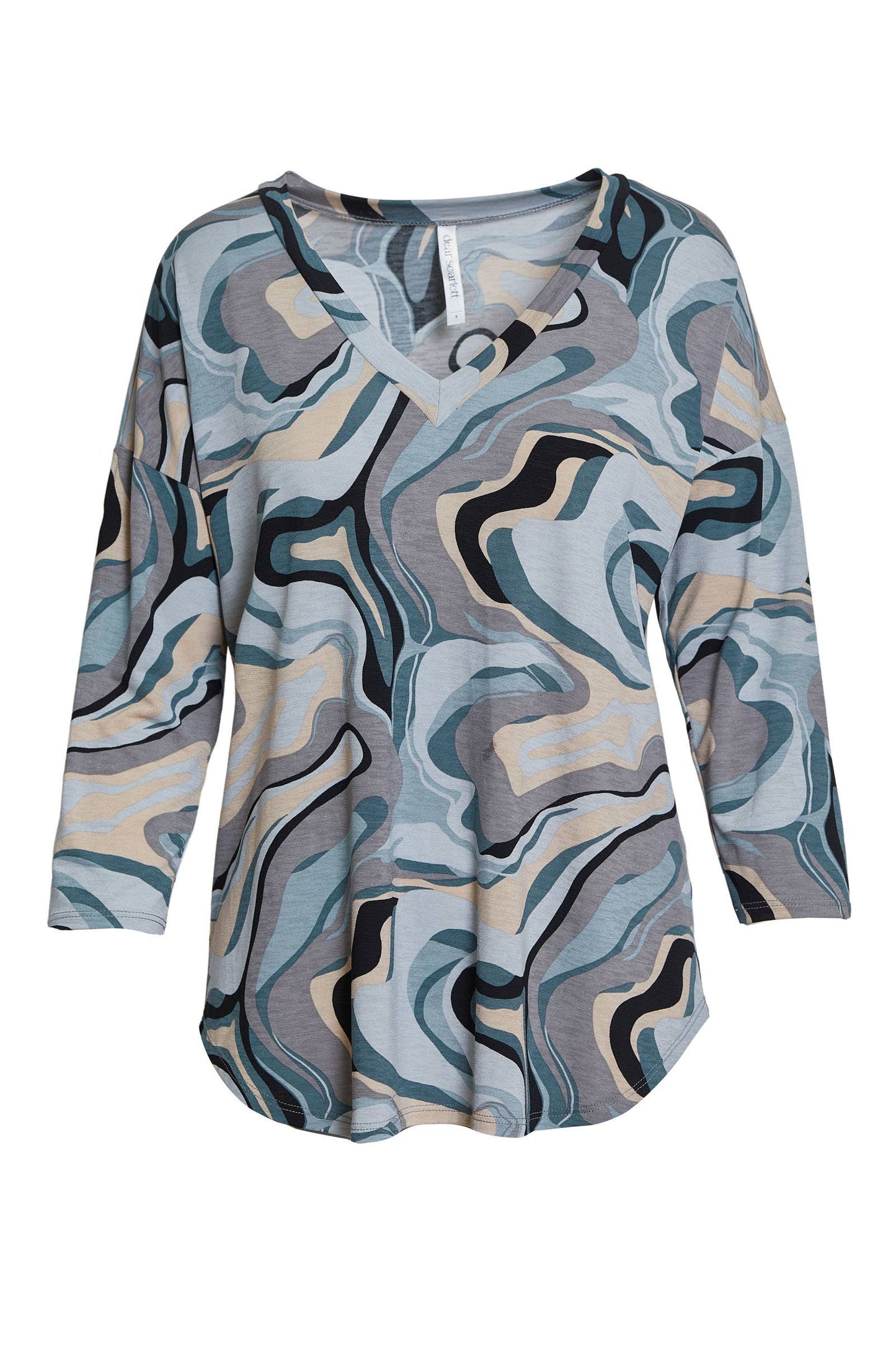 Dear Scarlett 3/4 Sleeve V Neck Top Shirt Grey Camo