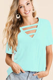 JERSEY KNIT V-NECK TOP WITH STRAPPED FRONT NECK