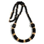 Black Long Wood Beaded Necklace Featuring Gold Accents