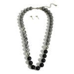 Wood and Stone Beaded Necklace Featuring Animal Print Beads and Silver Tone Stud Earrings