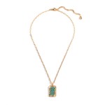 Turquoise Short Gold Tone Chain Link Necklace Featuring Enameled Animal Print Charm
