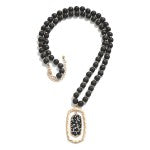 Black Long Wood Beaded Necklace Featuring Crushed Crystal Pendant