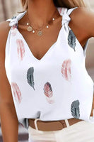 FEATHER PRINT KNOTTED DETAIL V NECK TANK TOP