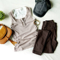 Lg Ash Mocha Fitted Wood button ribbed Henley tank