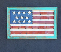 Metal Flag art with Wooden Distressed Frame - large turquoise