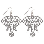 Silver tone fishhook earrings featuring a cutout elephant head