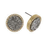 Hematite Druzy disc stud earrings with cubic zirconia accents