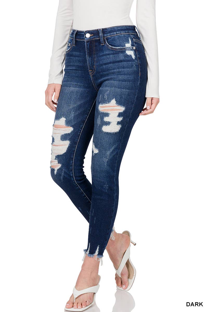 SC139094 DARK HIGH RISE DISTRESSED CROPPED SKINNY DENIM PANTS