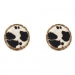 White Genuine Leather Cheetah Print Stud Earrings with Gold Details