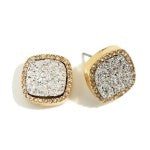 Silver Square Shaped Druzy Stud Earrings Featuring Cubic Zirconia Accents